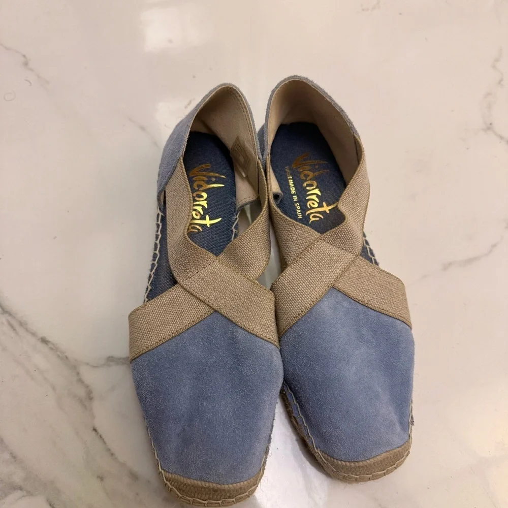 Vidorreta Blue Suede Espadrille Flats with Natural Elastic Cross Size 37
